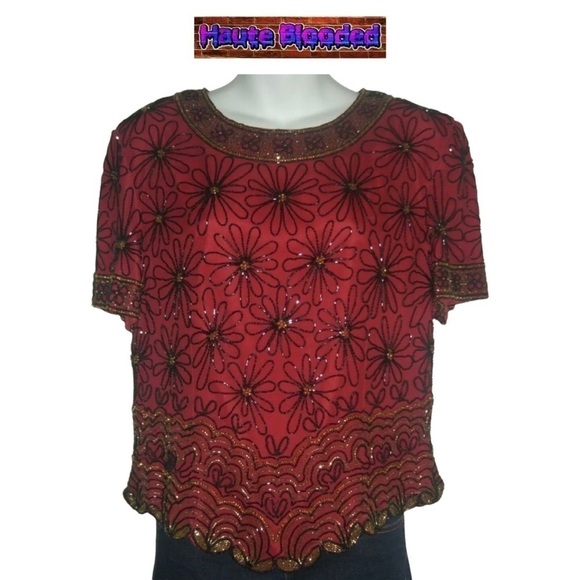 Vintage Adrianna Papell Boutique Red Silk Blouse Beaded Floral Flapper 20's VTG - Picture 1 of 11
